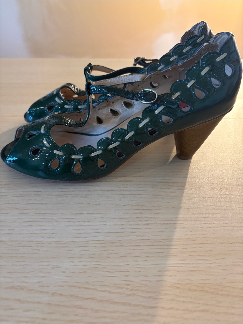 Miz Mooz Teal Cutout Mary Jane Heels with Wooden Cone Heel